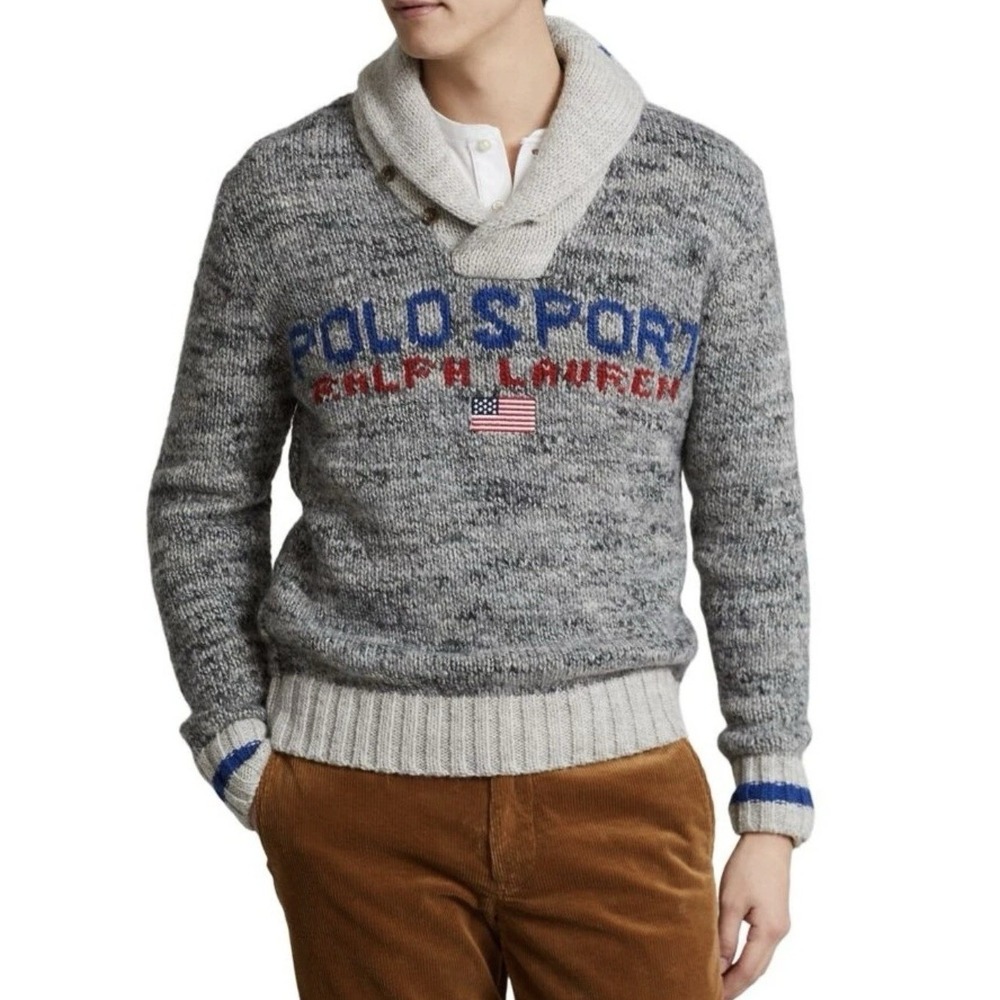 Men's SMALL Polo Sport Ralph Lauren USA American Flag‎ Shawl Collar Wool Sweater